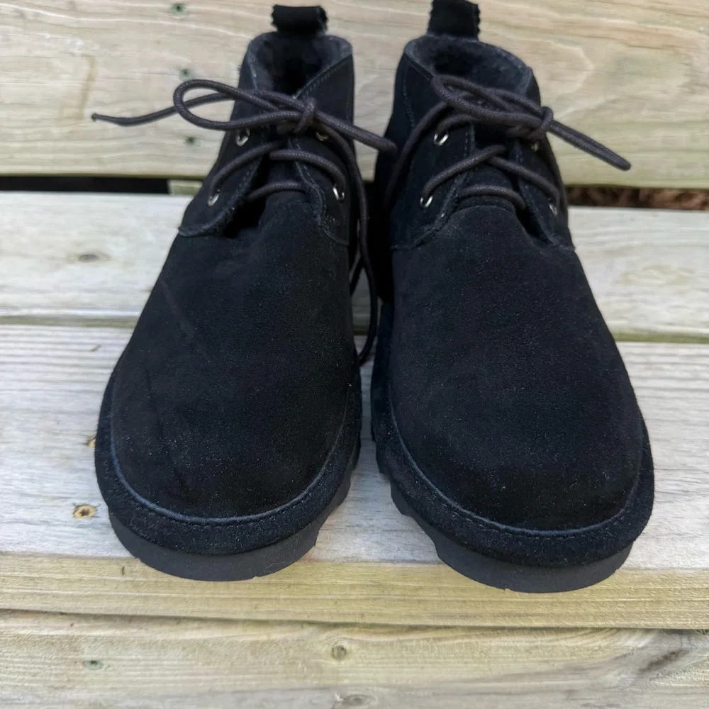 Bearpaw Suede Skye Chukka Boots Black Wool Fur Lined Lace Up Flats